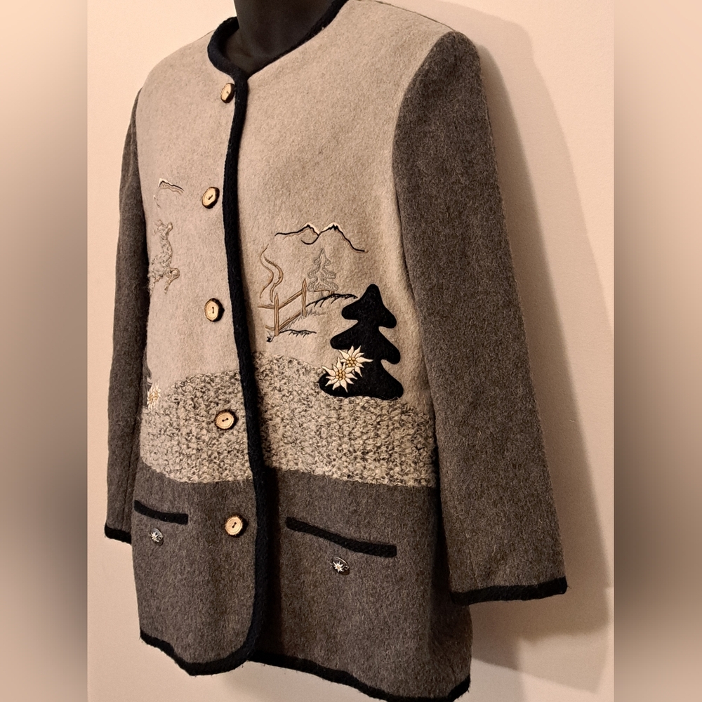 Vintage Meico Landhaus Grey Wool Embriodered Applique Jacket Misses Size 10 - Picture 1 of 10